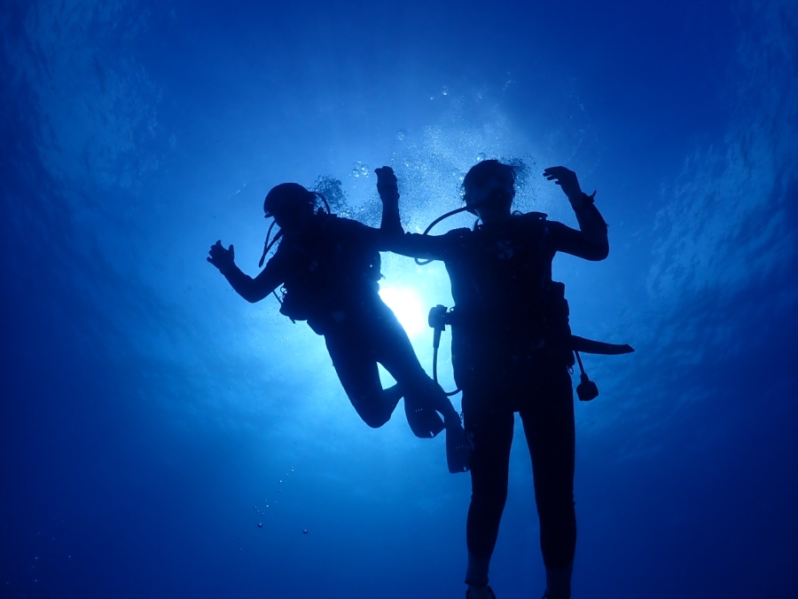太陽の光をバックにしたダイバー二人の幻想的なシルエット