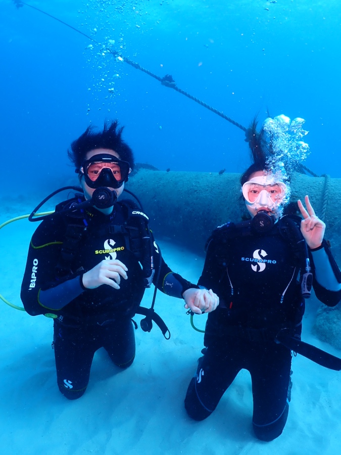 ハワイの海で仲良く手をつないでダイビングを楽しむカップル