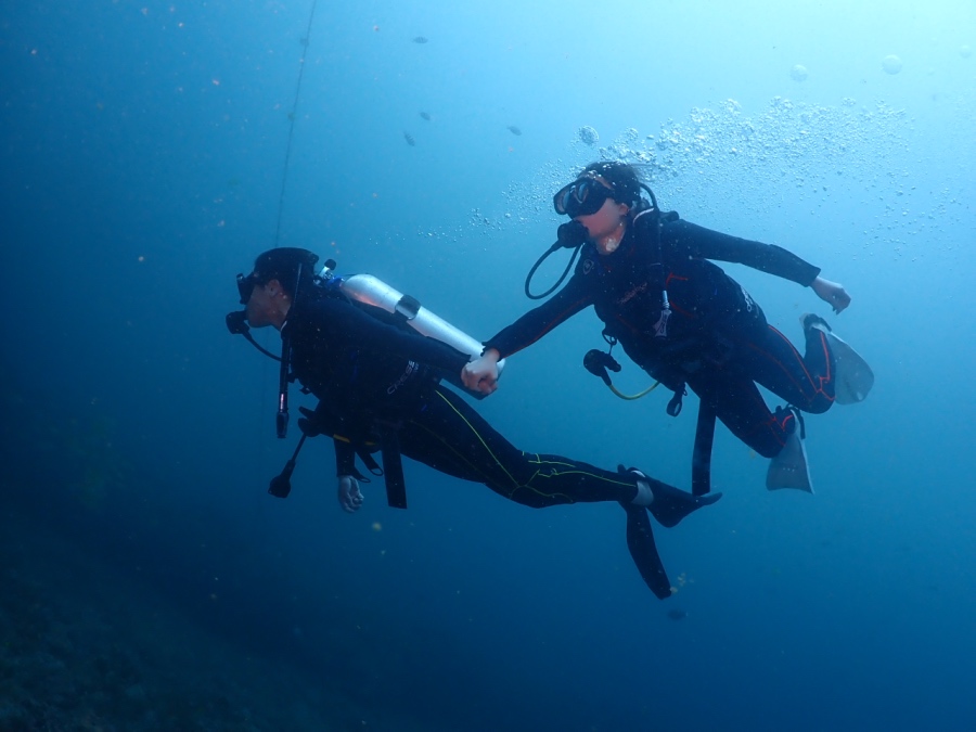 ハワイ・ワイキキの青い海で、手をつないで体験ダイビングを楽しむ親子ダイバー