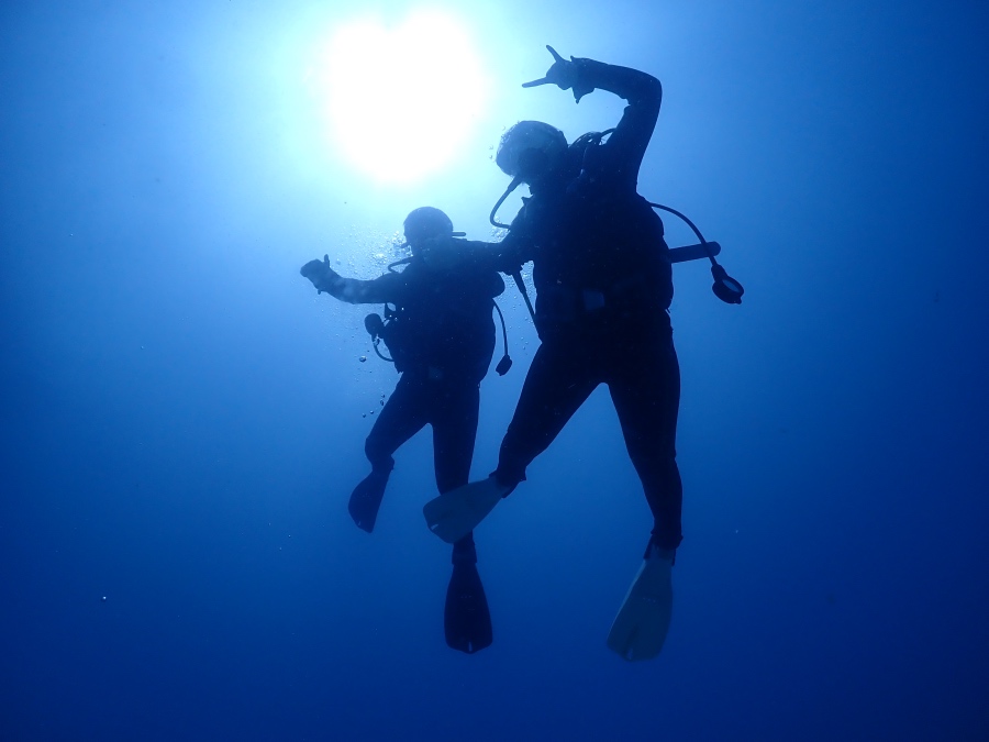 夏のハワイの海でダイビングを楽しむカップルのシルエット写真