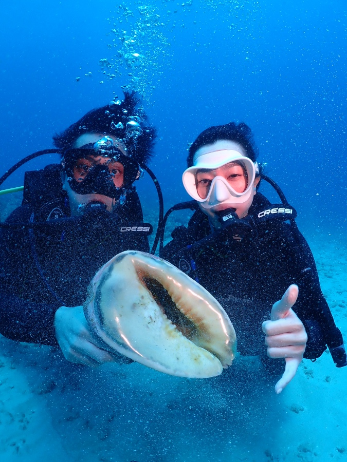 ハワイの海底で巨大な貝(トウカムリ)を見つけて記念撮影をする新婚カップル