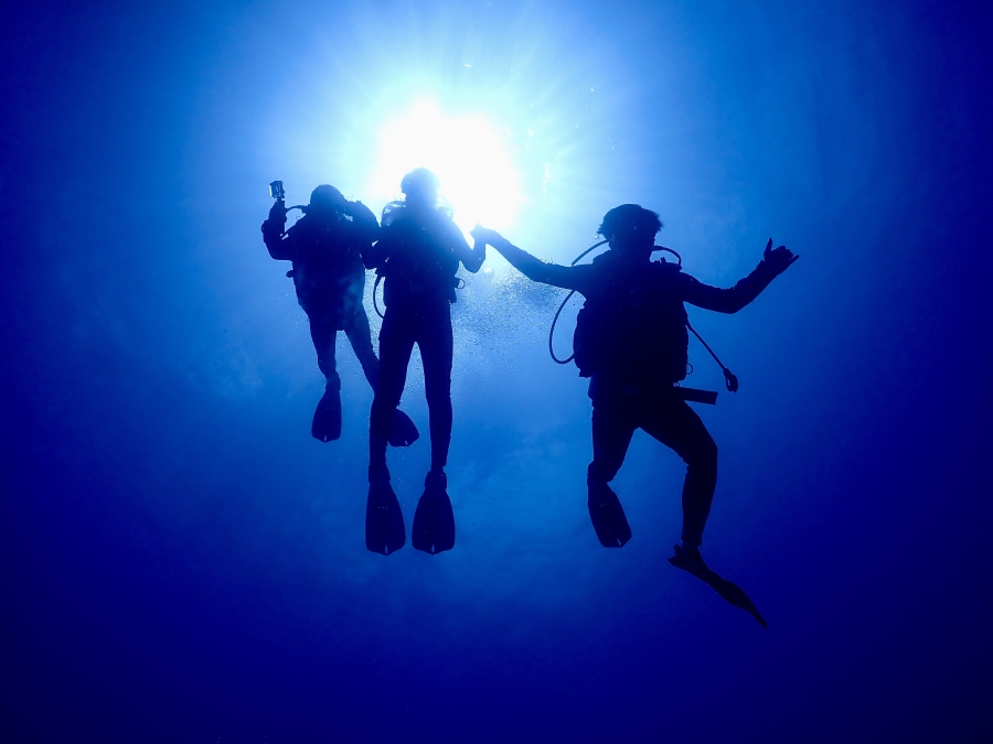 ハワイの眩しい太陽の光に向かって手を広げる親子3人の水中シルエット写真