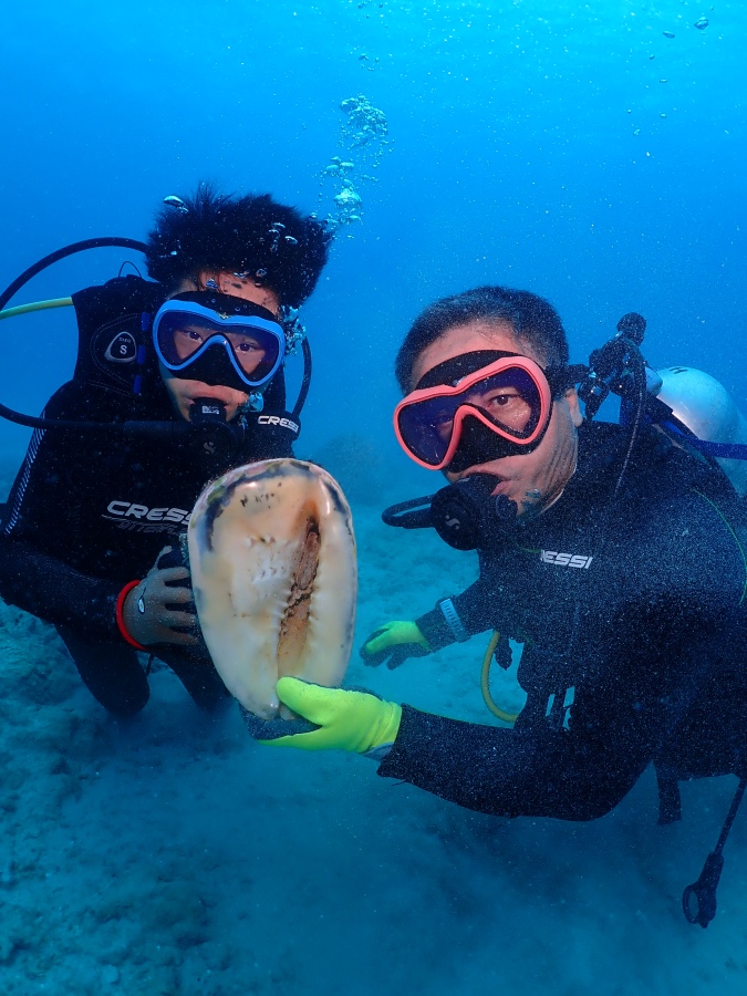ハワイの海底で大きなトウカムリの貝を持つ親子ダイバー