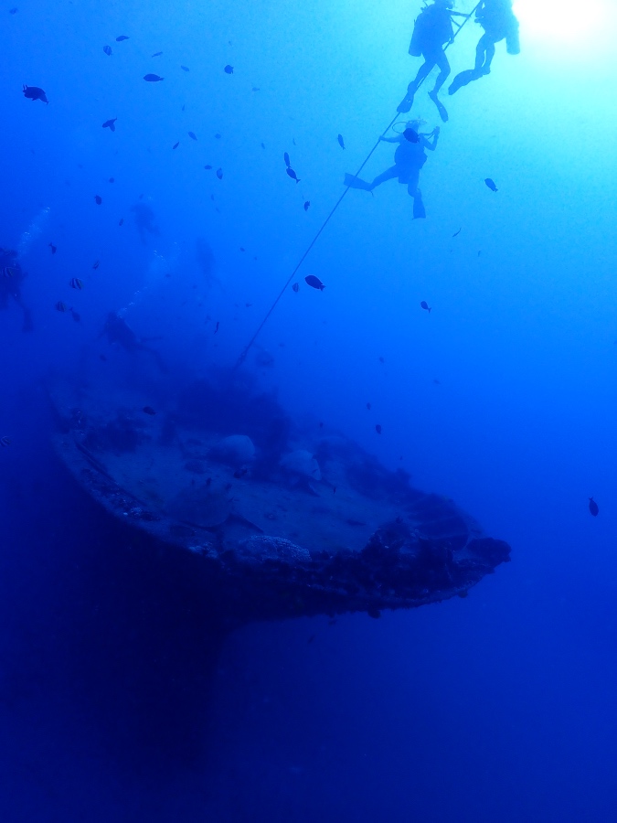 ハワイの海深くに沈む沈船シータイガーとロープを移動するアドバンス講習中のダイバー