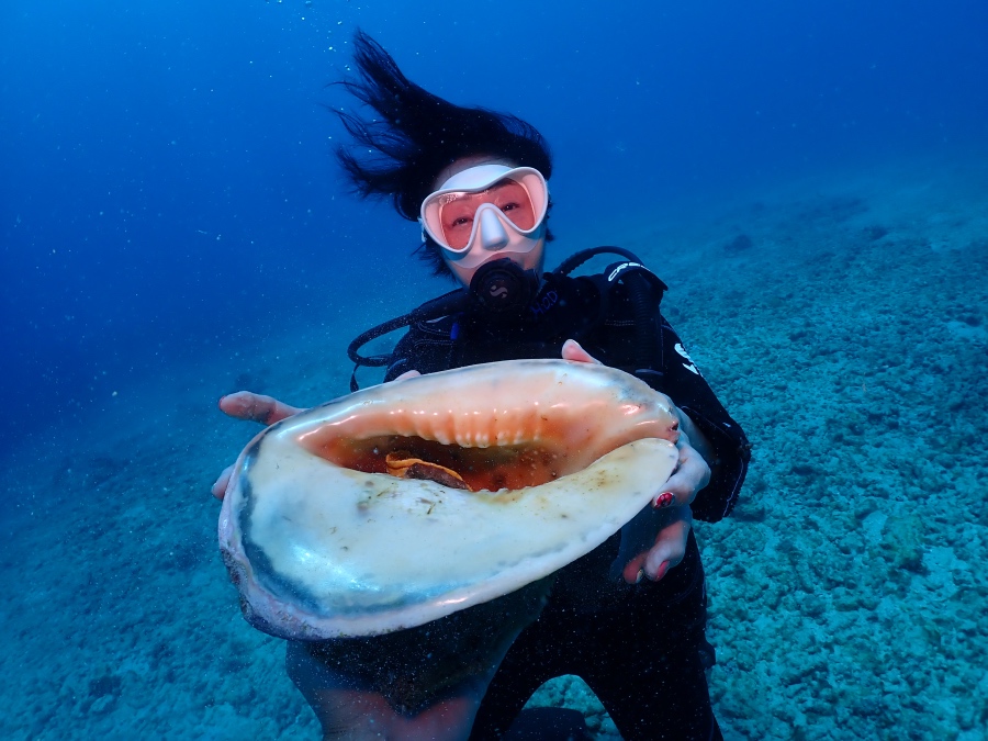 ハワイの海底で巨大なトウカムリの貝を持って笑顔を見せるシニアダイバー