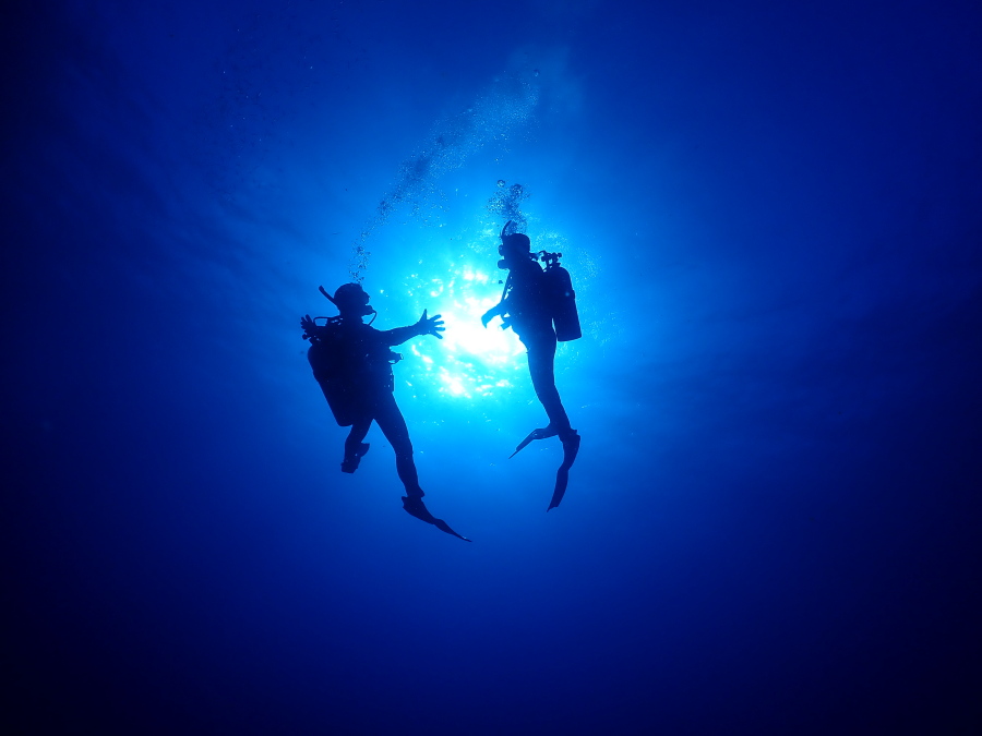 ハワイの水中に射し込む眩しい太陽の光に向かって手を広げるダイバーの幻想的なシルエット写真