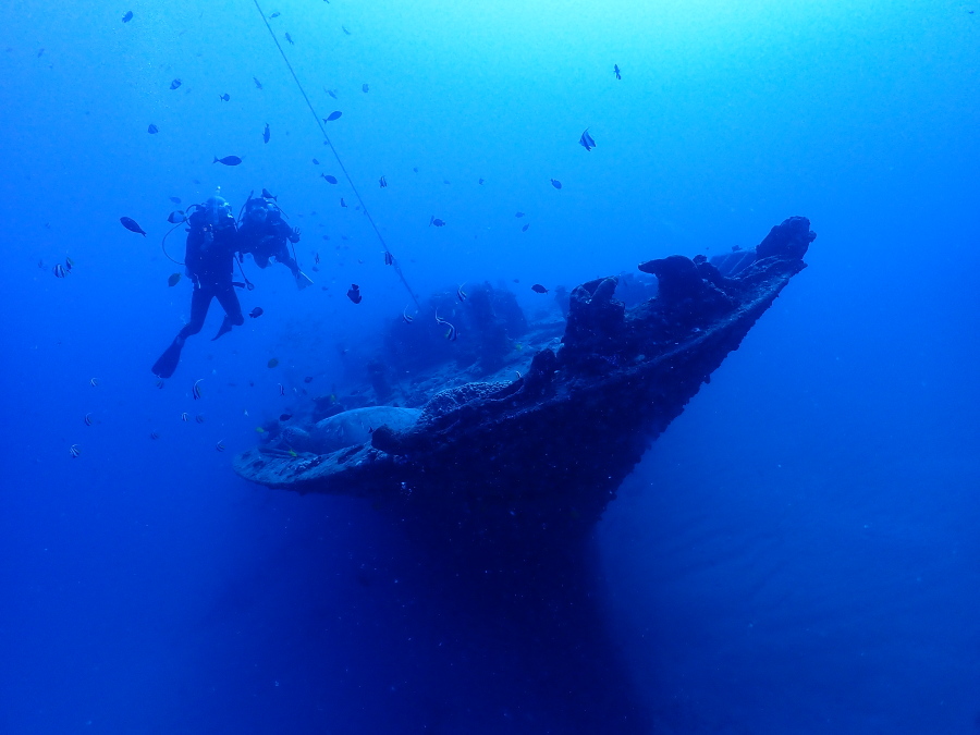 ハワイの透き通る青い海に沈む巨大な沈船シータイガーとゆっくり潜降するファンダイバー