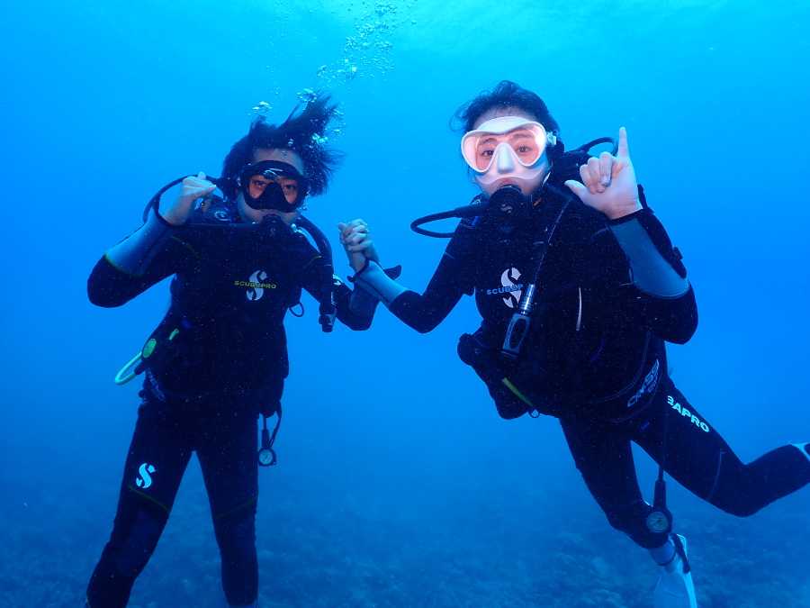 ハワイの海でお互いにしっかりと手をつないで笑顔でシャカサインを決める新婚カップルの体験ダイバー