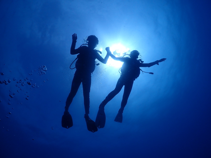 ハワイの水中に射し込む強力な太陽の光に向かって二人手をつないで浮かぶ幻想的なシルエット写真
